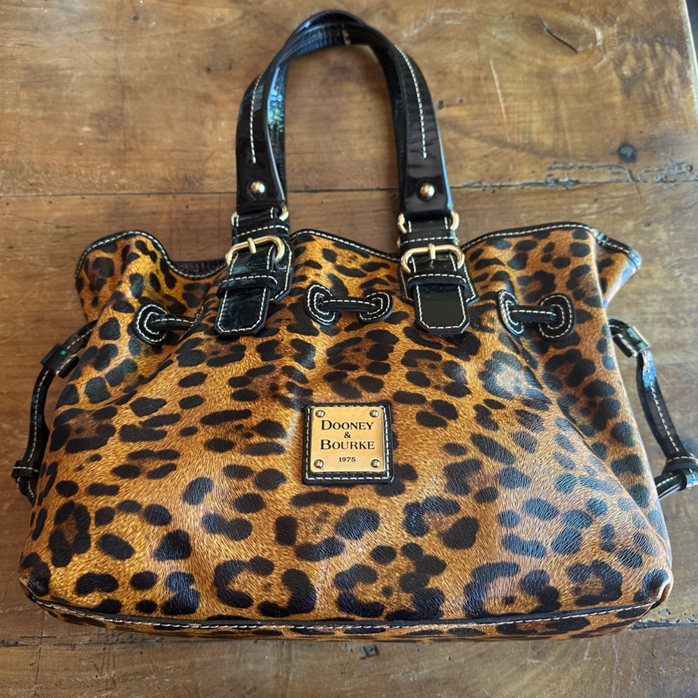 Dooney & Bourke Leopard Print Purse Handbag Black Patent Leather Trim Buckles